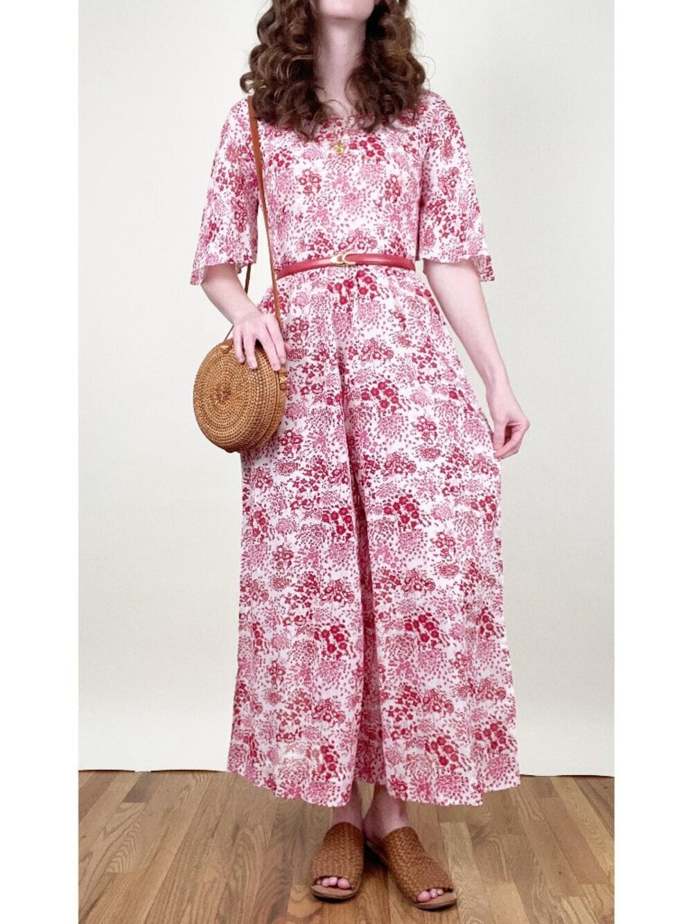 Vintage 70s Handmade Wide Leg Jumpsuit Linen Floral Print Romantic Palazzo Pants